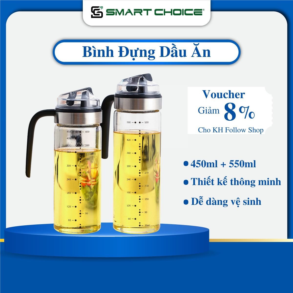 Bình Đựng Dầu Ăn Thủy Tinh SMARTCHOICE Cao Cấp, Chai Đựng Dầu Ăn, Nước Mắm Có Nắp Mở Tự Động ( Không Đế + Đế Lót Sillicon ) 450ml + 550ml - Hàng Chính Hãng