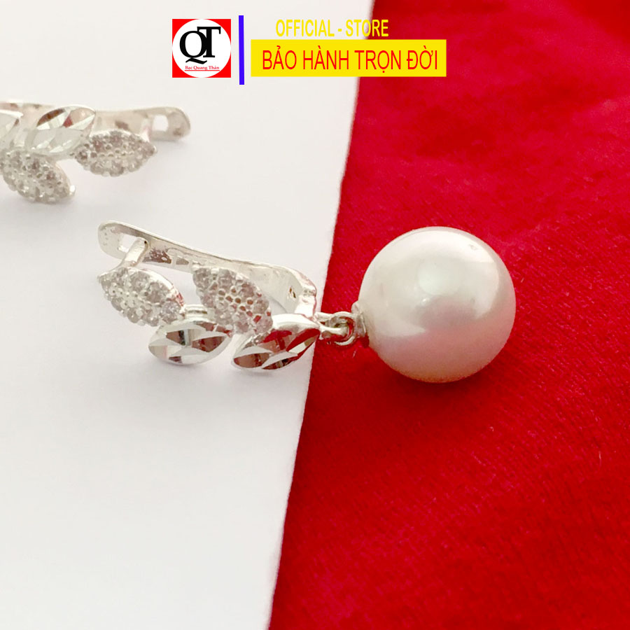 Bông tai bạc nữ ngọc trai dài khóa bật chắc chắn gắn đá trắng cao cấp trang sức Bạc Quang Thản - QTBT147