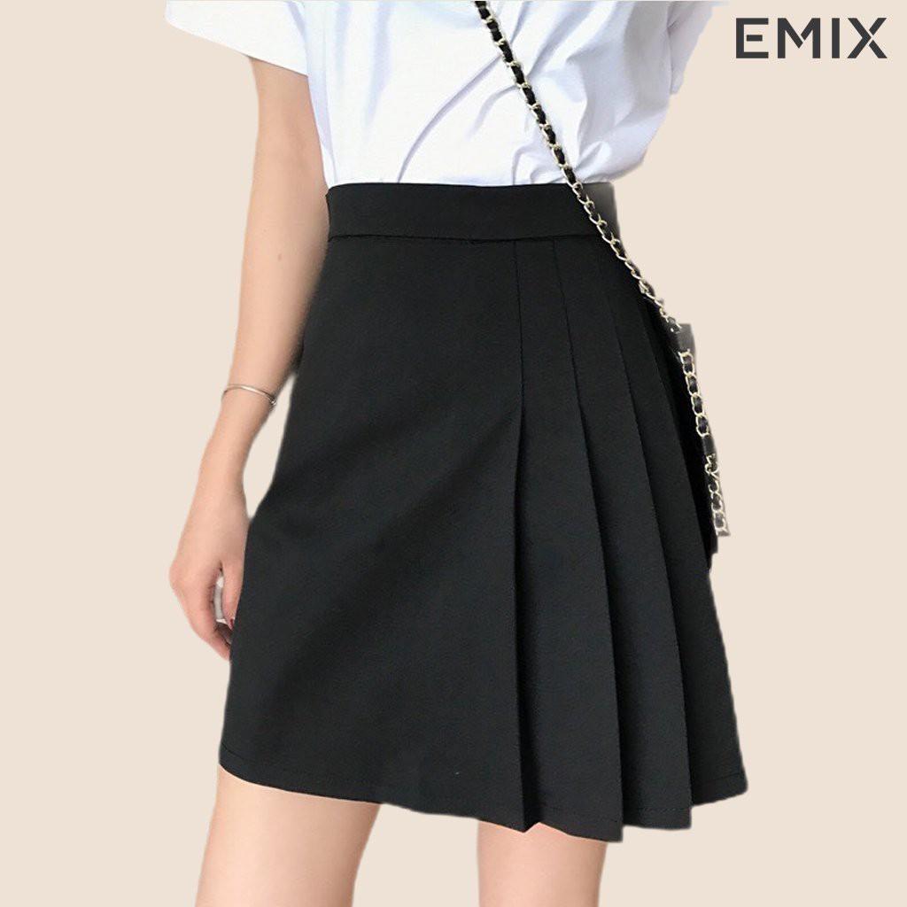 Chân váy chữ A 4 ly EMIX (màu đen), ulzzang, dáng ngắn, xếp ly, cạp cao, khóa sau, vải tuyết mưa, mềm mịn