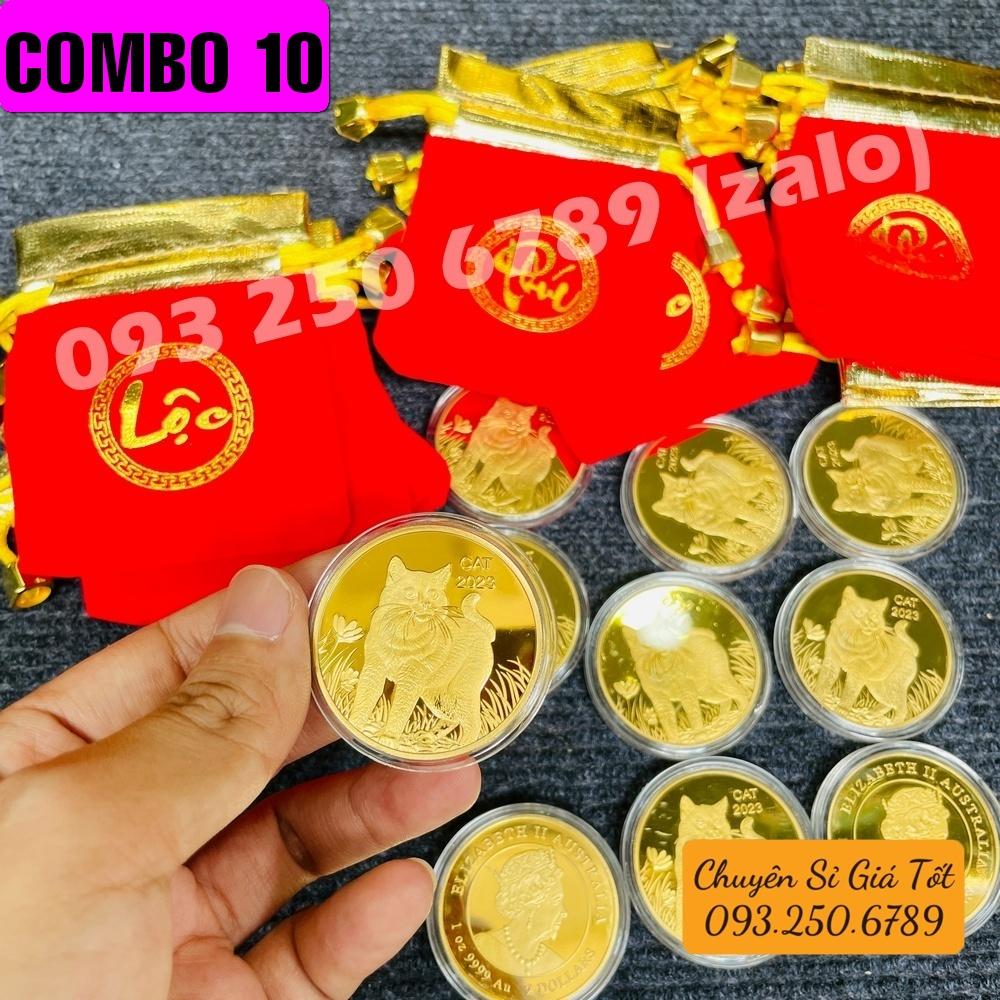 Tiền Xu Vàng Con Mèo Úc Mừng Năm Quý Mão - túi LỘC gấm đỏ tặng kèm mỗi xu