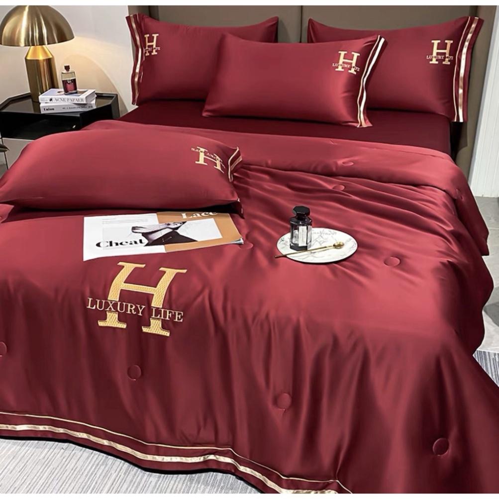 Bộ Chăn Ga Gối Lụa Thêu Chữ H LUXURY Set Chăn Ga Gối Lụa 4 Món Chăn Trần Hè Chăn Ga By Merci