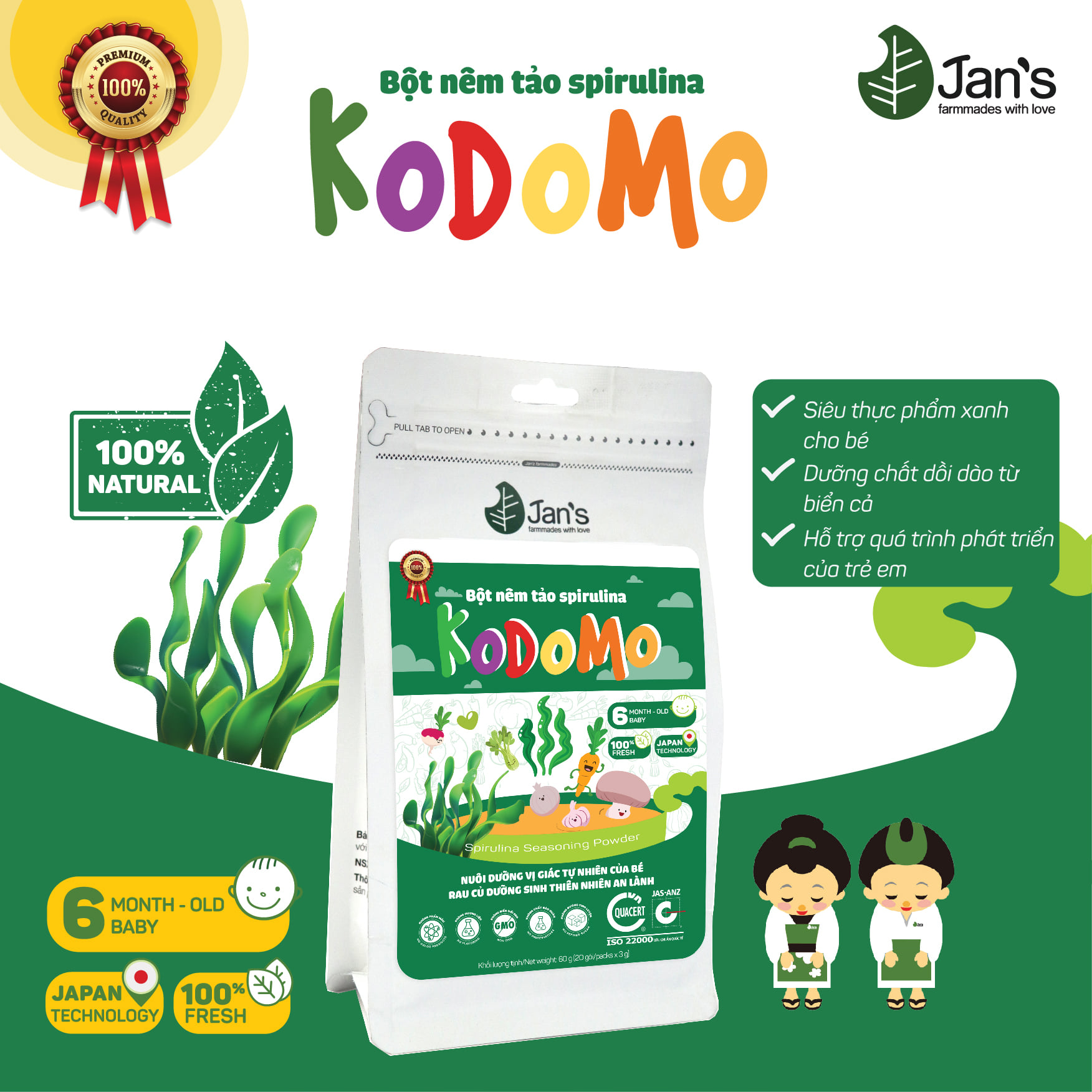 Bột Nêm tảo Spirulina dinh dưỡng tự nhiên Kodomo cho bé từ 6 tháng tuổi 60g (20 túi x 3g)