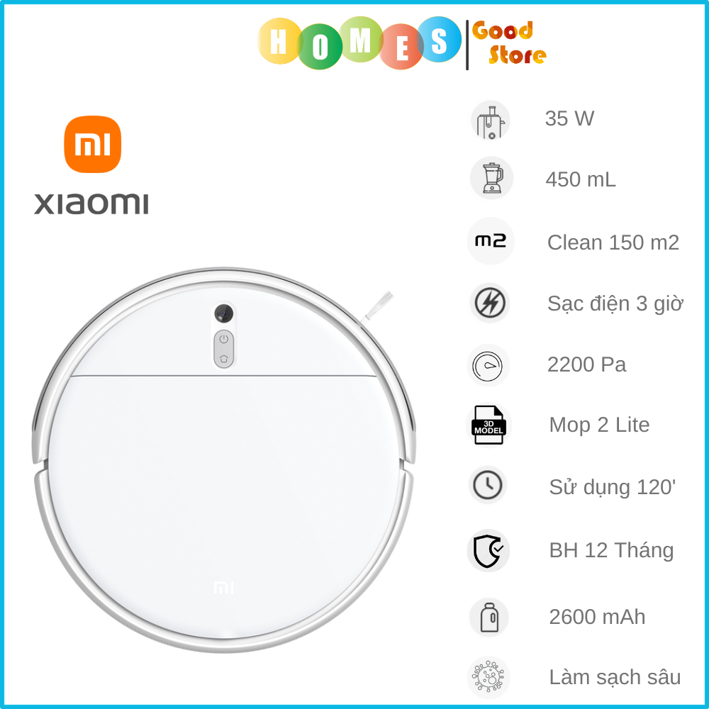 Robot Hút Bụi Xiaomi Vaccum Mop 2 Lite, Diện Tích Làm Việc 150 m2, Lực Hút 2200 Pa - Hàng Chính Hãng