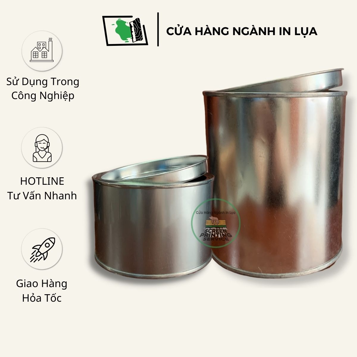 Lon thiếc đựng sơn, mực in lụa, hoá chất có nắp loại 500gram và 1kg