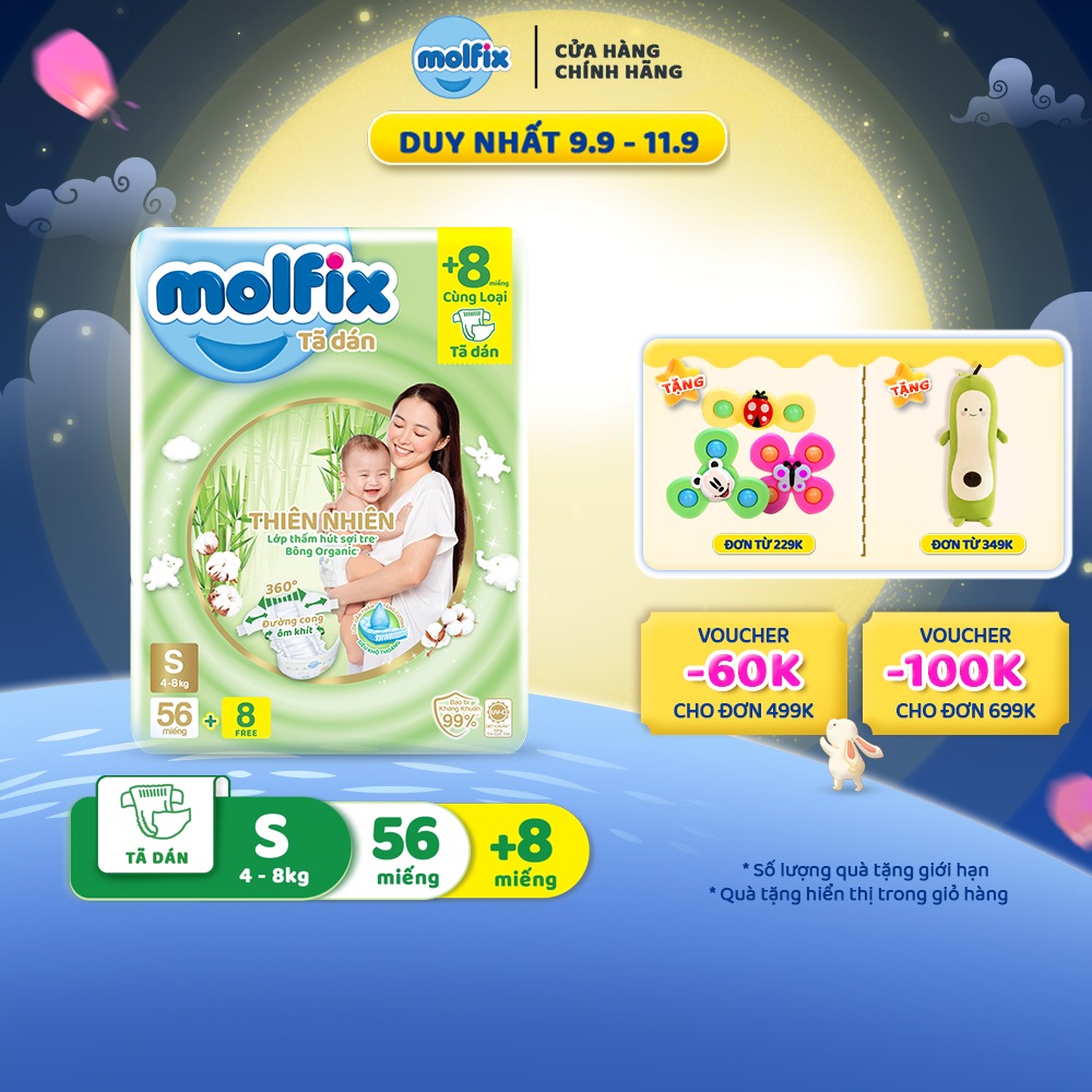 Tã/bỉm dán Molfix Thiên nhiên Jumbo S (4kg - 8kg) - Gói 60 miếng