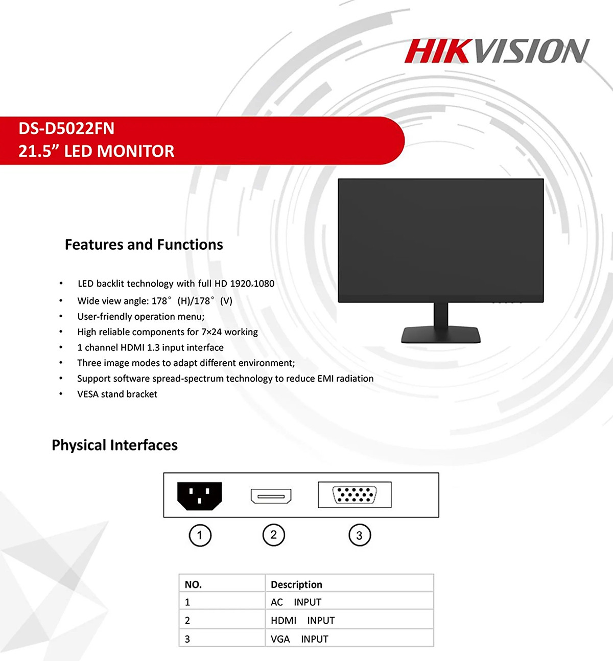 Màn Hình Không Viền HIKVISION DS-D5022FN-C 21.5