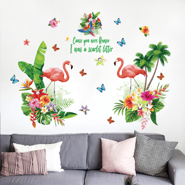 Decal dán tường chất liệu PVC loại 1 trang trí phòng khách- Đôi hạc lá xanh