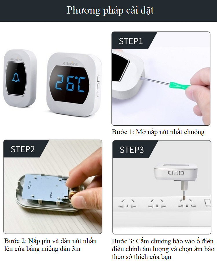 Chuông cửa thông minh tích hợp đo nhiệt độ trong nhà cao cấp, không dây ( TẶNG KÈM MIẾNG THÉP ĐỂ VÍ 11IN1 )