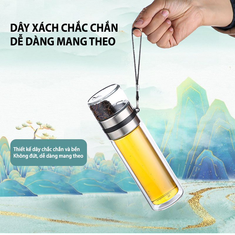 Bình Pha Trà Thuỷ Tinh 2 Lớp Cách Nhiệt Có Lõi Lọc Inox Chịu Nhiệt Cao Dung Tích 450ml Cầm Tay Tiện Lợi - HÀNG CHÍNH HÃNG MININ