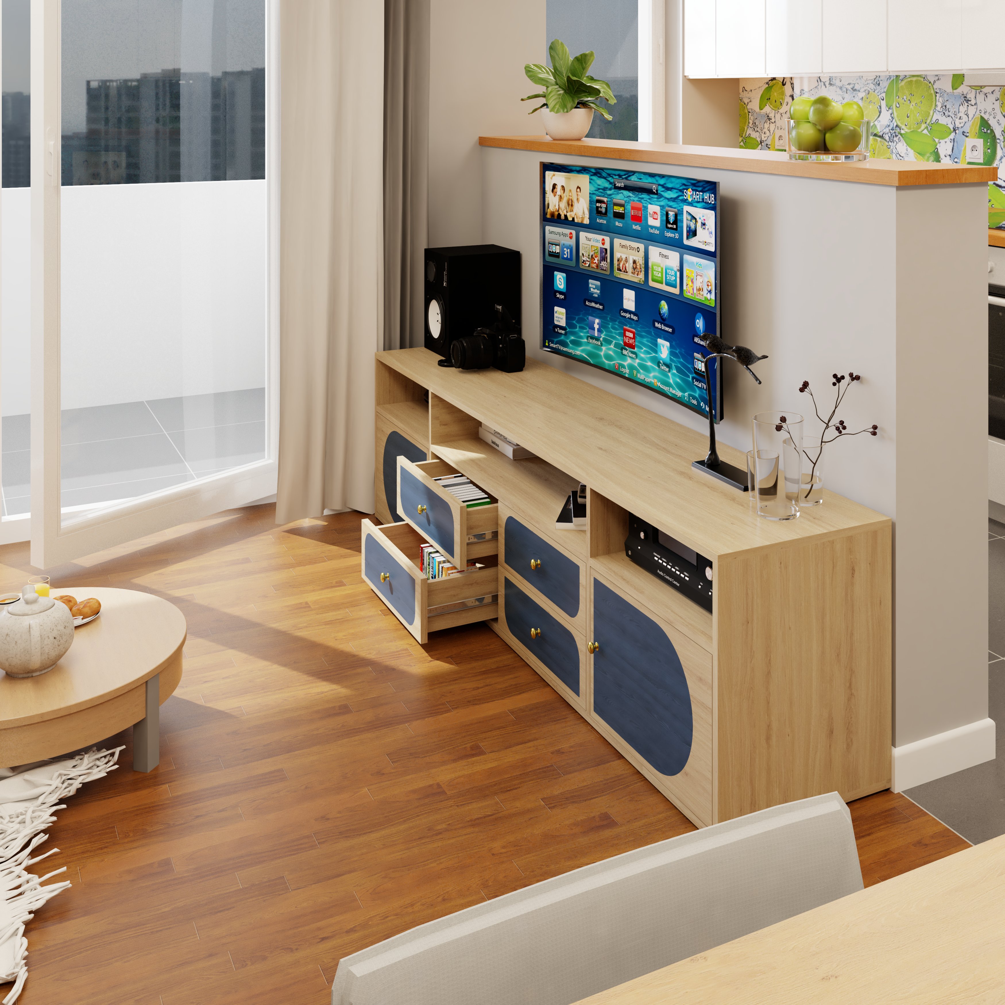 BANA, Kệ TV 2 cửa mở - 4 ngăn kéo, 200cm x 40cm x 52cm , KTV_033