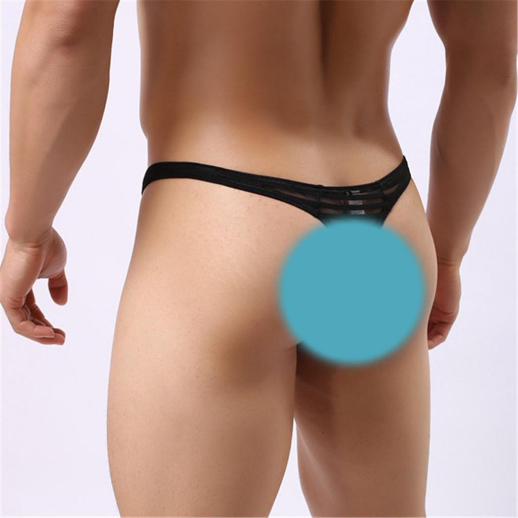 Men's Sheer Mesh Striped Panties Pouch Thong Low Waist Underpants Brief T-back Underwear