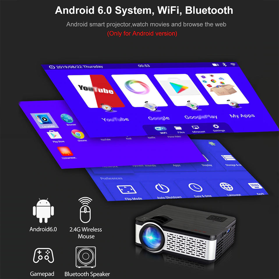 Máy Chiếu Siêu Nét W5 Projector Hỗ Trợ Độ Phân Giải 1080P Độ Sáng 4000Lumens Kết Nối Bluetooth 4.0, Wifi,USB/HDMI * 2/AV/VGA/SD Kèm Kính Thực Tế Ảo Vr Box (Màu Giao Ngẫu Nhiên)