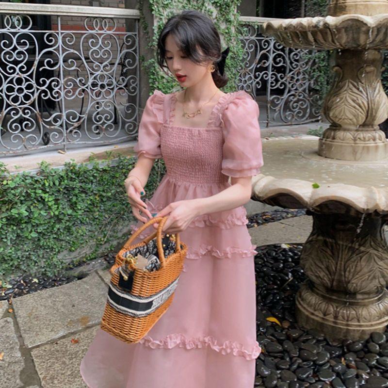 TOBE1SHOP Váy màu hồng nàng tiên Pháp ren Bouffant váy công chúa váy bánh váy lưới nàng tiên thắt lưng đầm