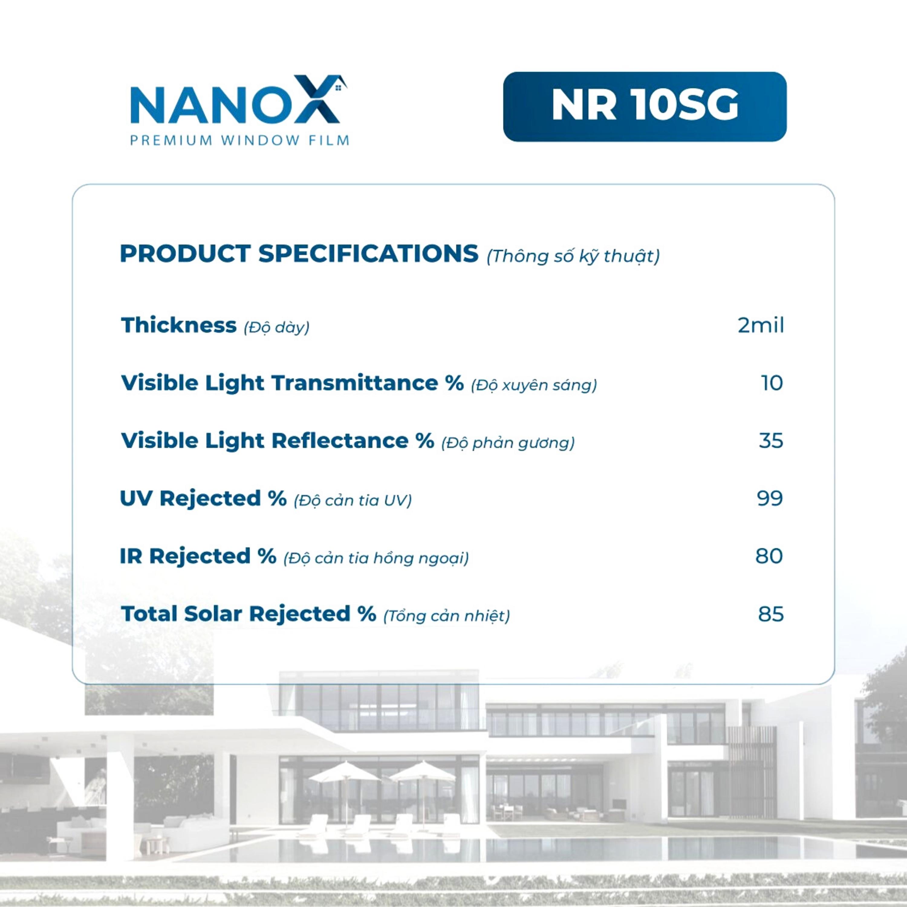 Phim cách nhiệt NanoX NR 10SG dán cửa kính chống nắng nóng, chống UV, chống nhìn trộm