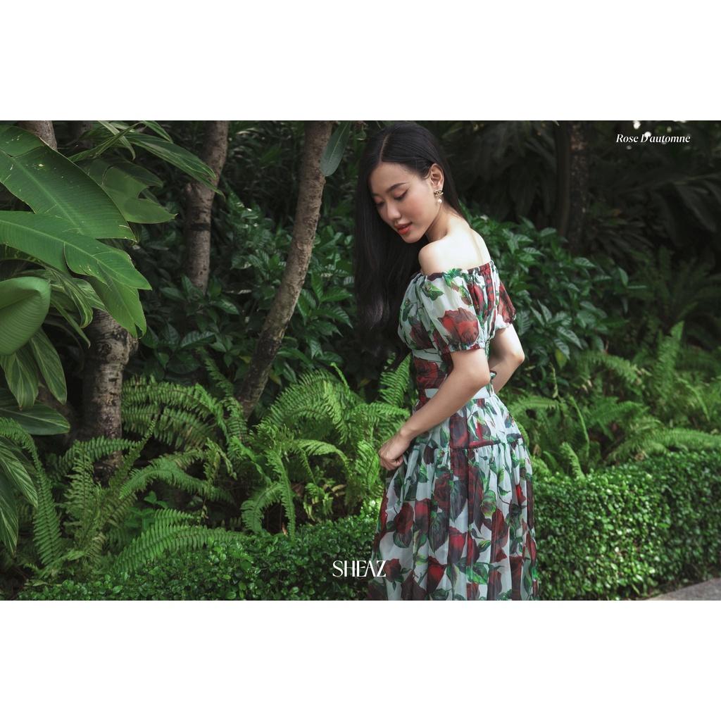 SHEAZ Set đầm xanh voan cao cấp, in hoa hồng, phong cách Hàn Quốc, đầm trễ vai, áo trễ vai, đầm dài