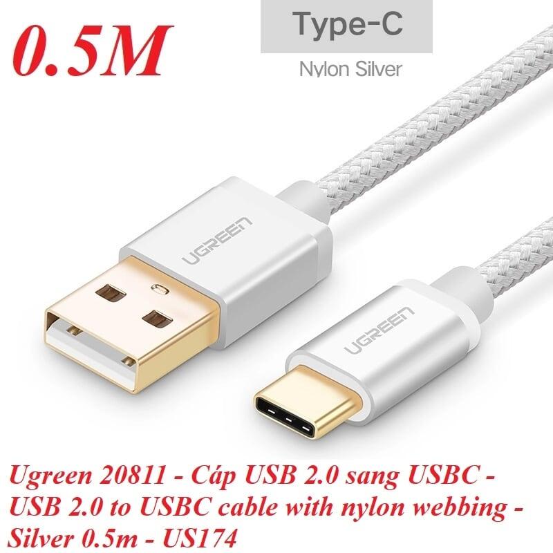 Ugreen UG20811US174TK 0.5M màu Trắng Dây USB 2.0 sang Type-C đầu nhôm dây bọc vinyl - HÀNG CHÍNH HÃNG