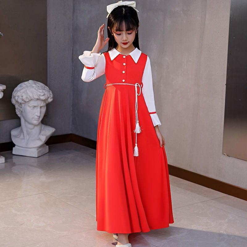 SHUANGYAN Mùa xuân trang phục cô gái váy dài tay áo công chúa váy trung bình lớn trẻ em trang phục tây dài váy lưới cô gái nhỏ