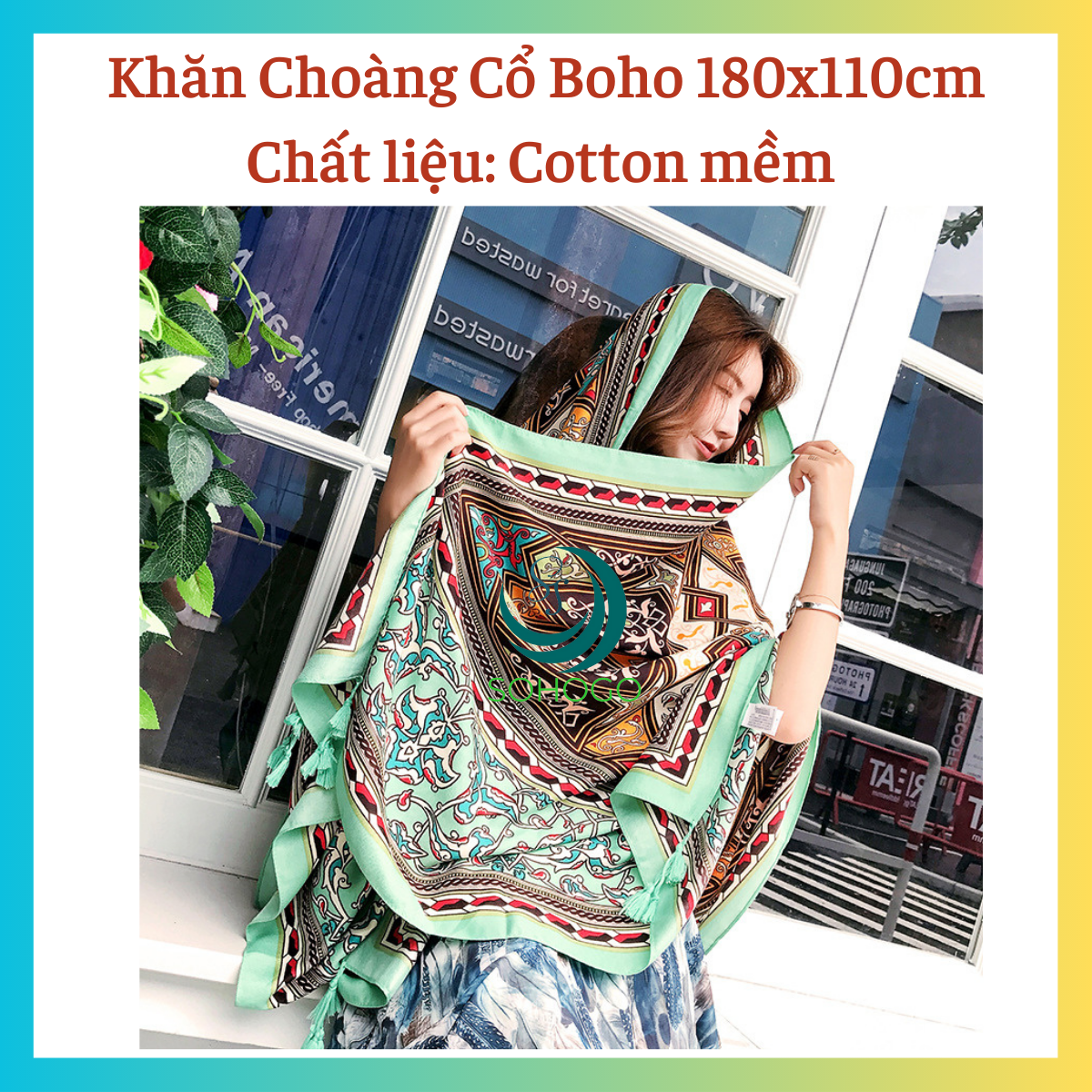 Khăn choàng cổ phong cách BOHO cổ điển, chất cotton mềm 180x110cm-phù hợp đi biển, choàng cổ khi ra nắng-Qùa tặng ý nghĩa