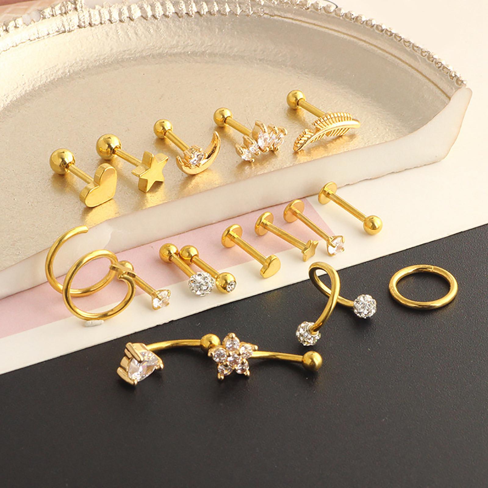 17Pcs Stainless Steel Earrings Set, Piercing Studs Piercing Jewelry, Earring Hoops, Barbell Stud, Heart Star Moon Earrings Hoop Stud Gifts
