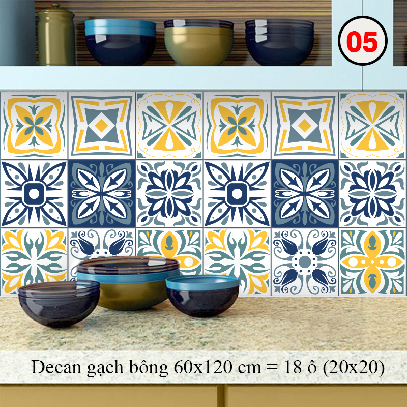 Decal Dán Tường Trang Trí Bếp Họa Tiết Xanh Lơ Vàng | Giấy Dán Bếp Chống Bay Màu, Bắn Dầu Mỡ, Chịu Nhiệt