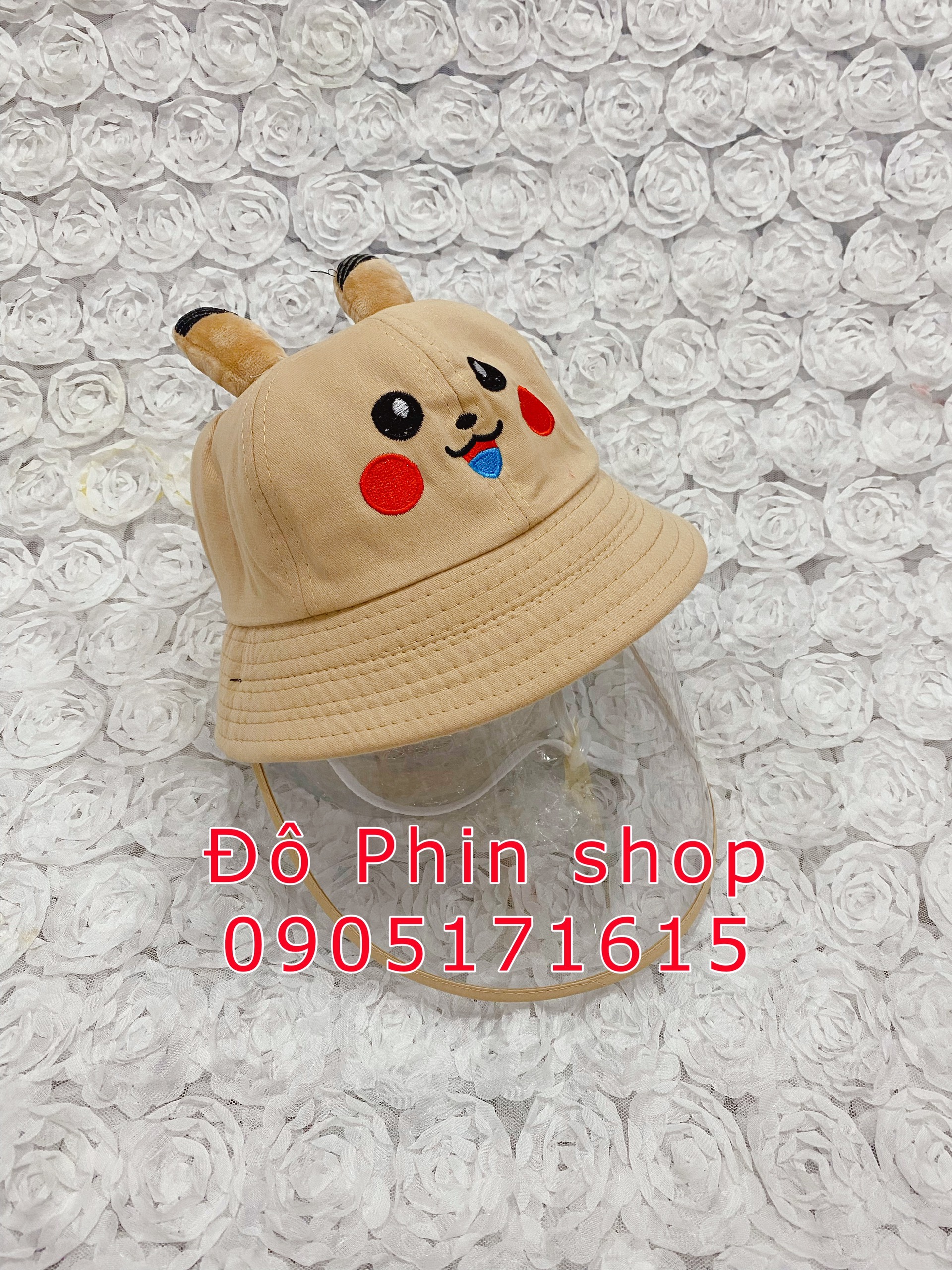 Mũ vành bucket Pikachu chống giọt bắn trẻ em, vòng đầu 52cm, có dây quai nón, tấm chắn có thể tháo rời làm nón thời trang cho bé