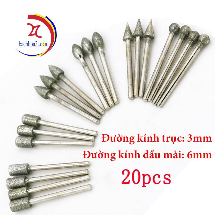 Bộ 20 mũi chạm, khắc, mài kim cương trục 3mm