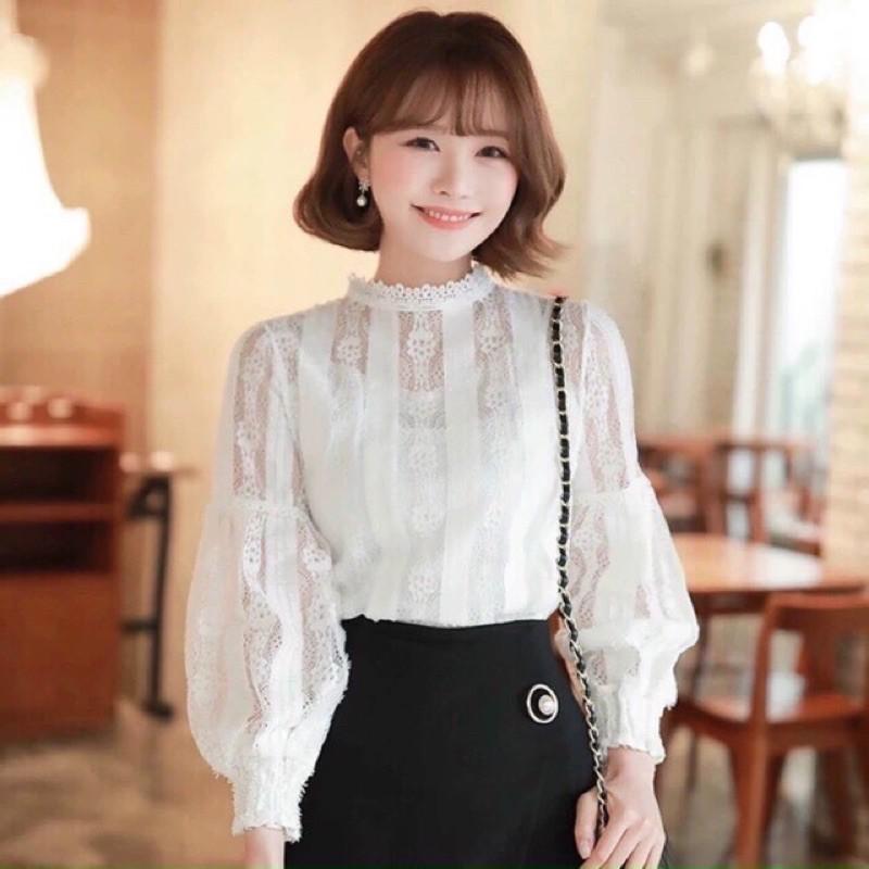 Áo sơ mi ren 2 lớp tay phồng cao cấp