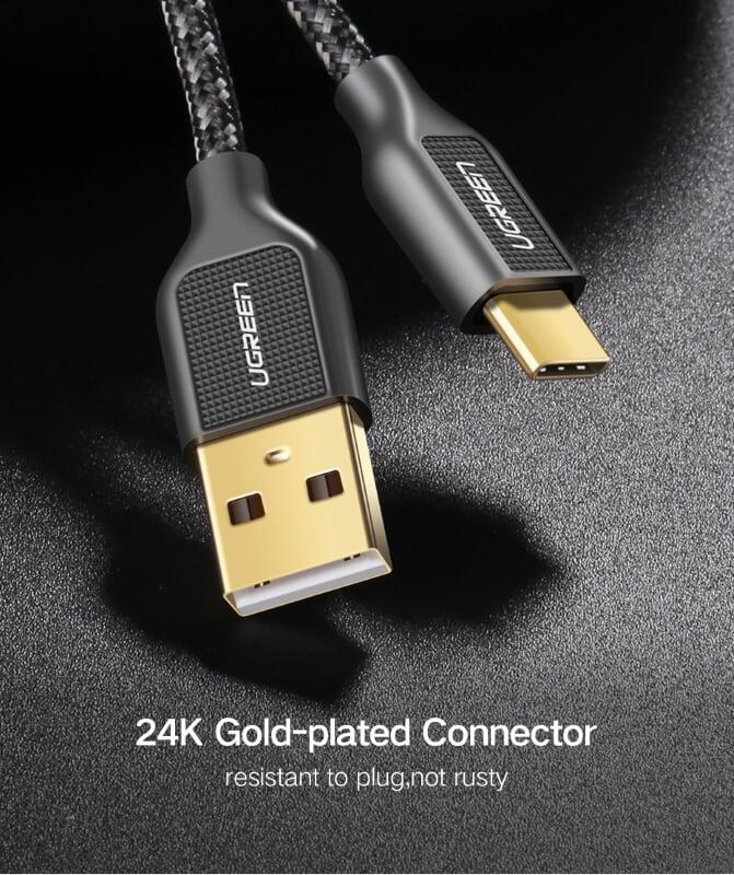 Ugreen UG50143US259TK 1M màu Đen Cáp sạc truyền dữ liệu USB 2.0 sang TYPE C vỏ bọc lưới đầu mạ vàng - HÀNG CHÍNH HÃNG
