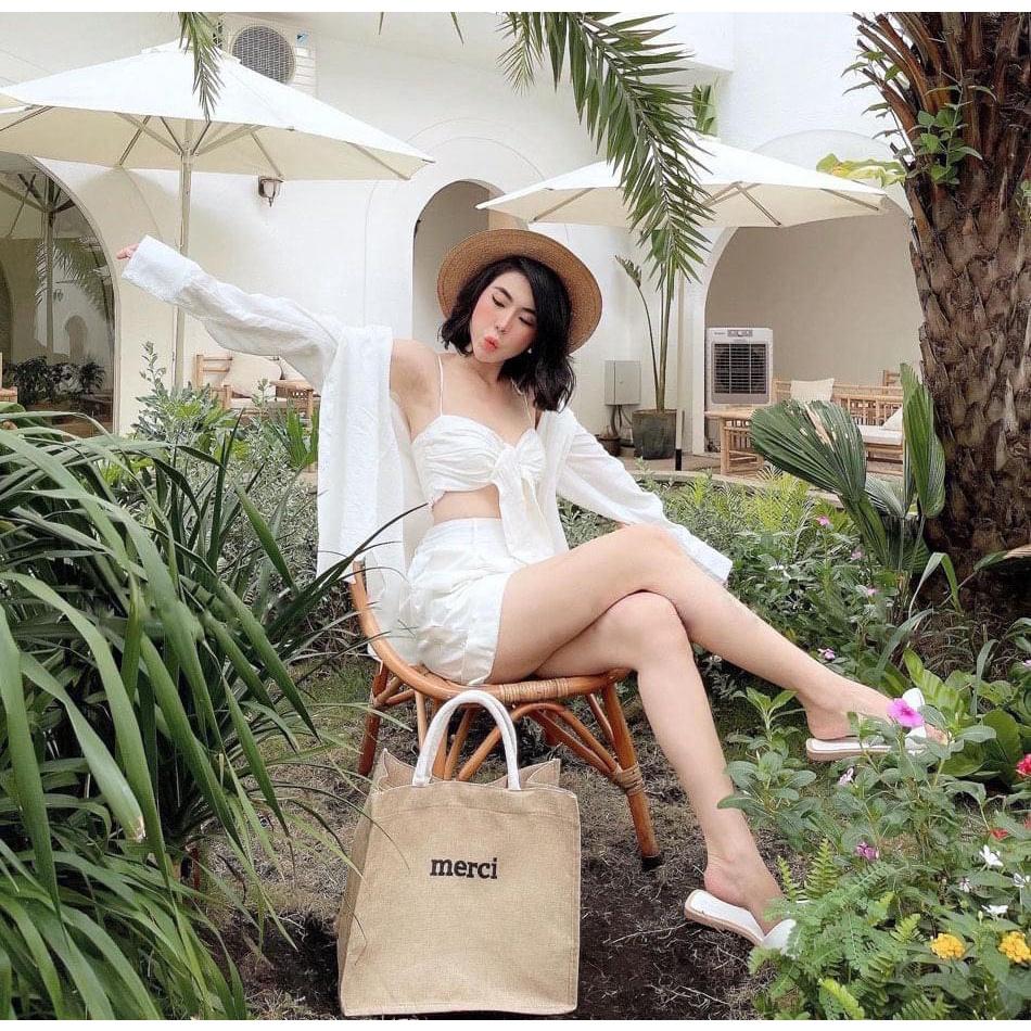 Sét bộ 3 món nữ croptop 2 dây quần đùi from rộng kèm áo khoác sơ mi duyên dáng DSS987