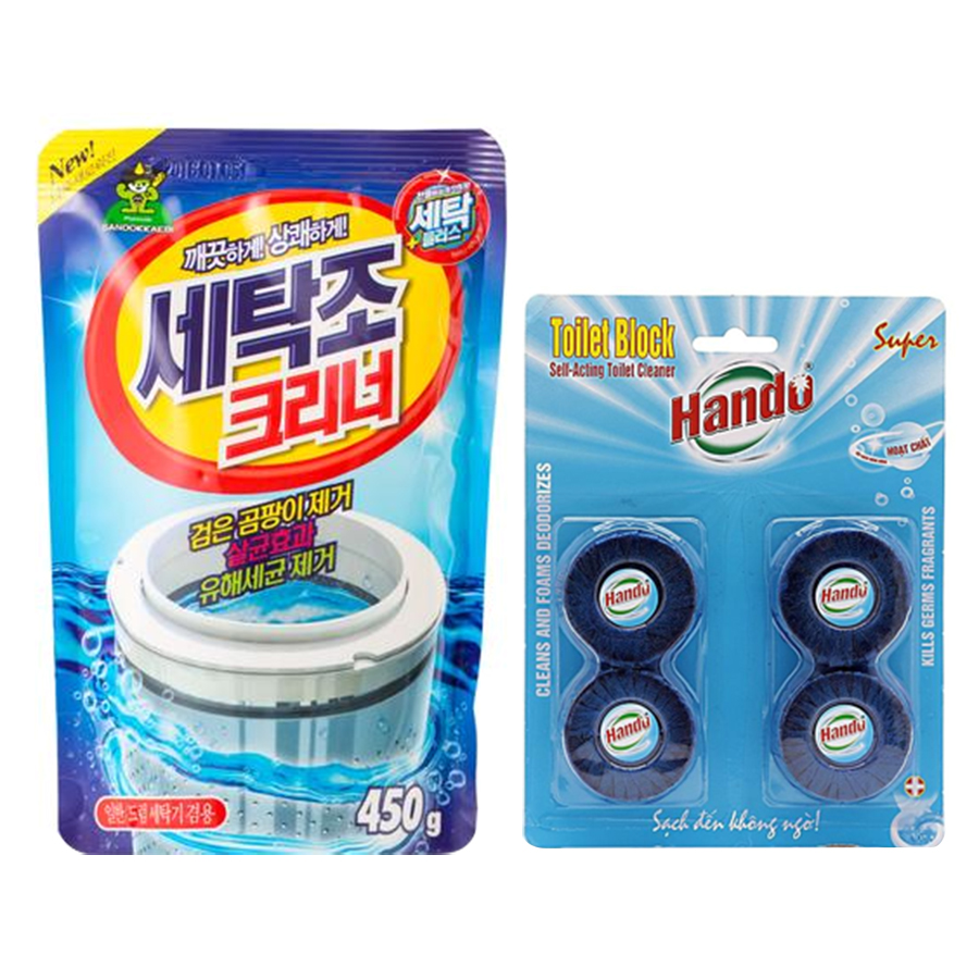 Combo gói bột tẩy vệ sinh lồng máy giặt Hàn Quốc 450g và vỉ 4 viên tẩy sạch khử mùi bồn cầu Hando