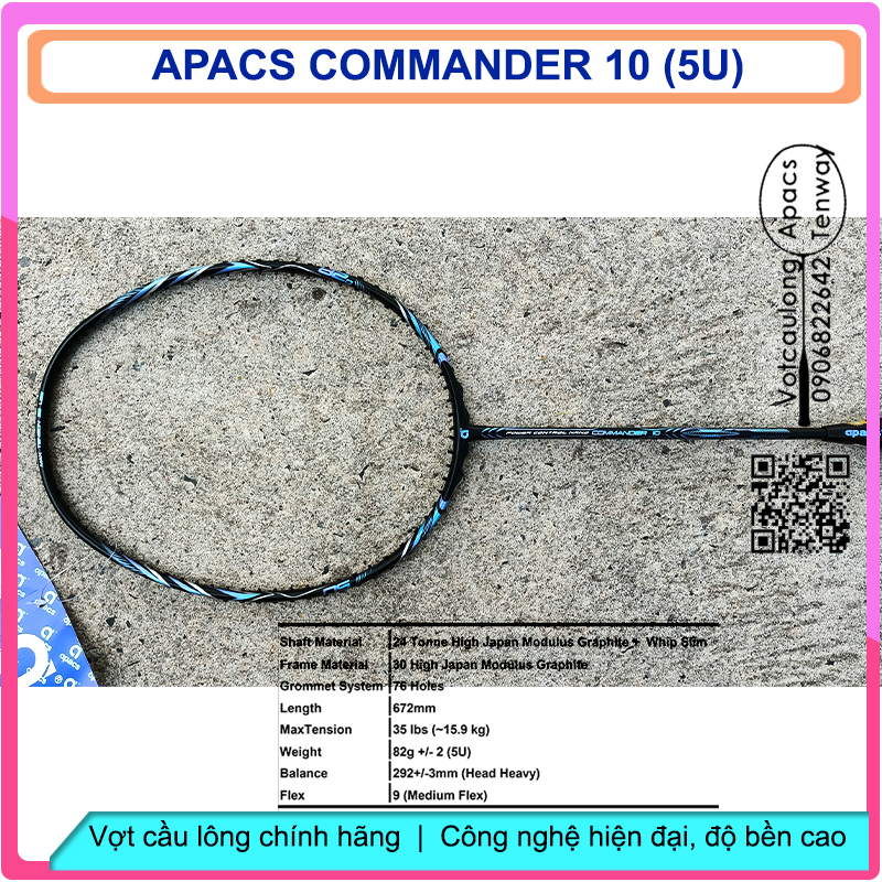 [Vợt cầu lông Apacs Commander 10 Black Blue- 5U] – Vợt nặng đầu thiên công, tiên phong công nghệ New Japan High-modulus graphite