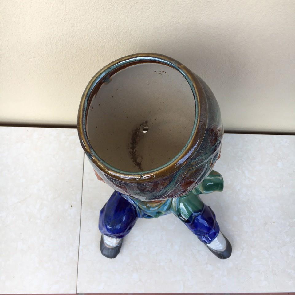 Chậu tượng Lỗ trí thâm dâng vò men màu xanh ngọc gốm Bát tràng có 2 size CT-03