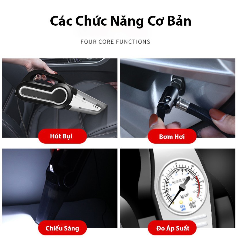 Máy hút bụi ô tô, máy bơm hơi ô tô cầm tay đa năng bốn trong một, đèn pin, đo áp suất công suất cao
