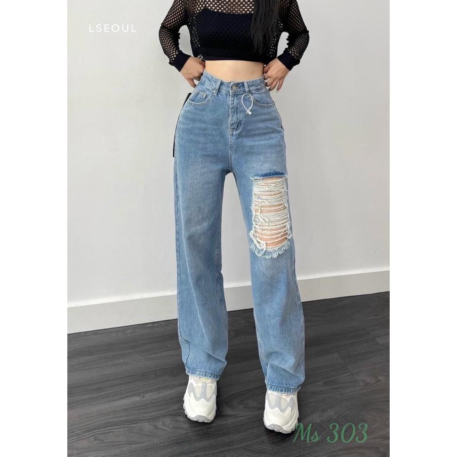 QUẦN BAGGY JEAN NỮ ỐNG SUÔNG LƯNG CAO RÁCH BỤI THỜI TRANG
