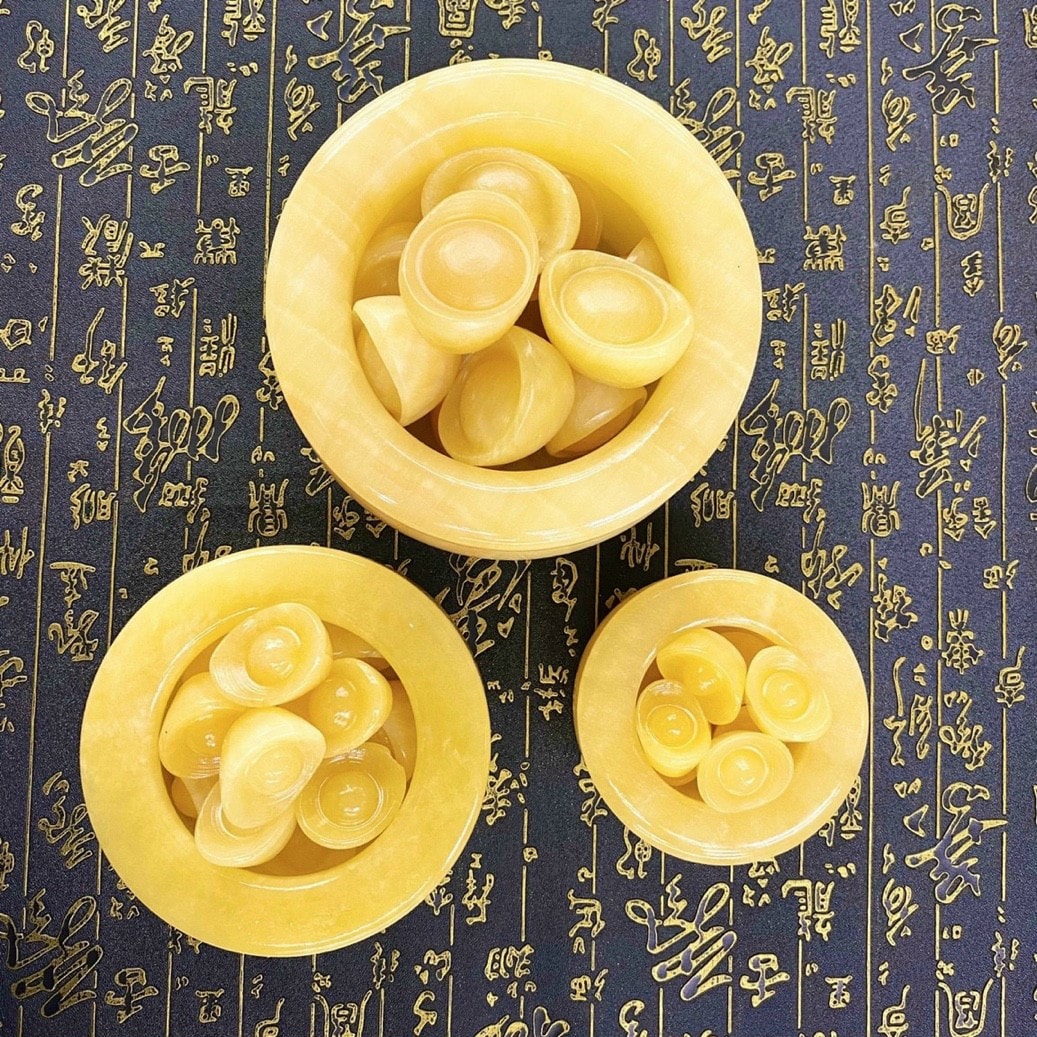 Bát Tụ Bảo ngọc Hoàng Long kèm chân đế gỗ - chiêu tài nạp lộc tặng kèm 10 thỏi vàng lưu ly 1.5cm