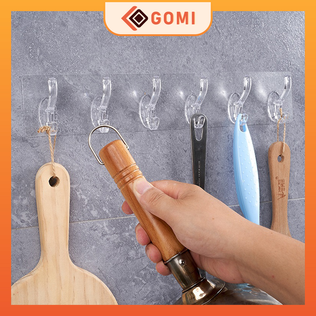 Thanh Móc Treo Dán Tường 6 Móc Nhựa Trong Chịu Lực, Dính Chắc Chắn