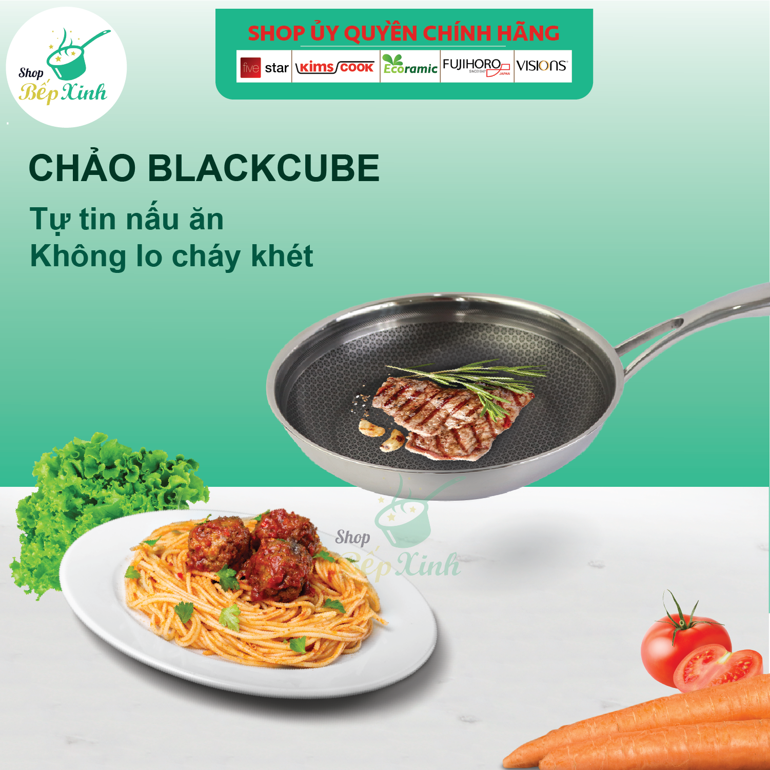 Chảo đáy từ chống dính Blackcube KimsCook 3 lớp đúc liền inox 304 cào không xước , siêu bền - tặng 1 sạn inox