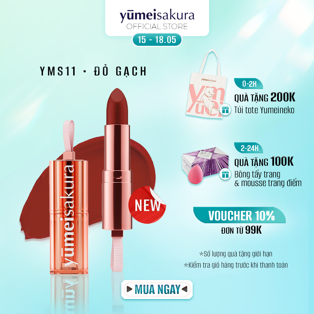 Son Thỏi Màu Đỏ Gạch Lì Mịn Siêu Dưỡng Yumeisakura Chotto Matte Kiss Me Maroon Lipstick YMS11 3.5g