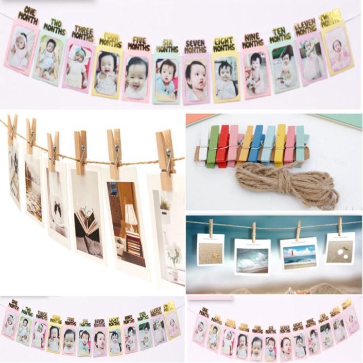 Khung Hình Treo Ảnh Cute, Bộ Dây Khung Hình 12 tháng Ép Kim; Kẹp Ảnh Gỗ, Bộ Kẹp Khung Hình 12 Tháng trang trí sinh nhật