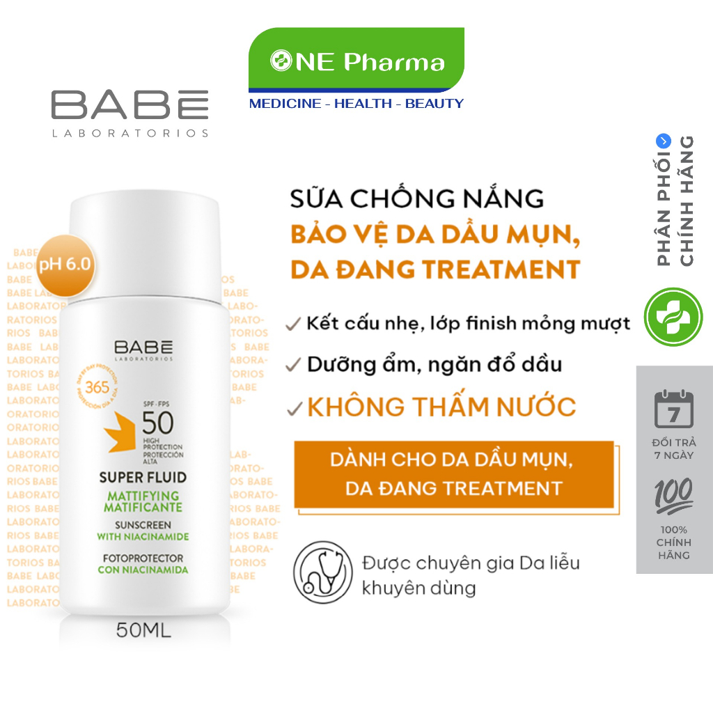 Kem chống nắng BABE Super Fluid Mattifying sunscreen SPF 50 phổ rộng, kiểm soát dầu 50ml