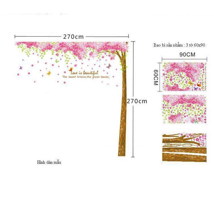 Decal dán tường Combo Cây tình yêu + khung cửa hoa đào