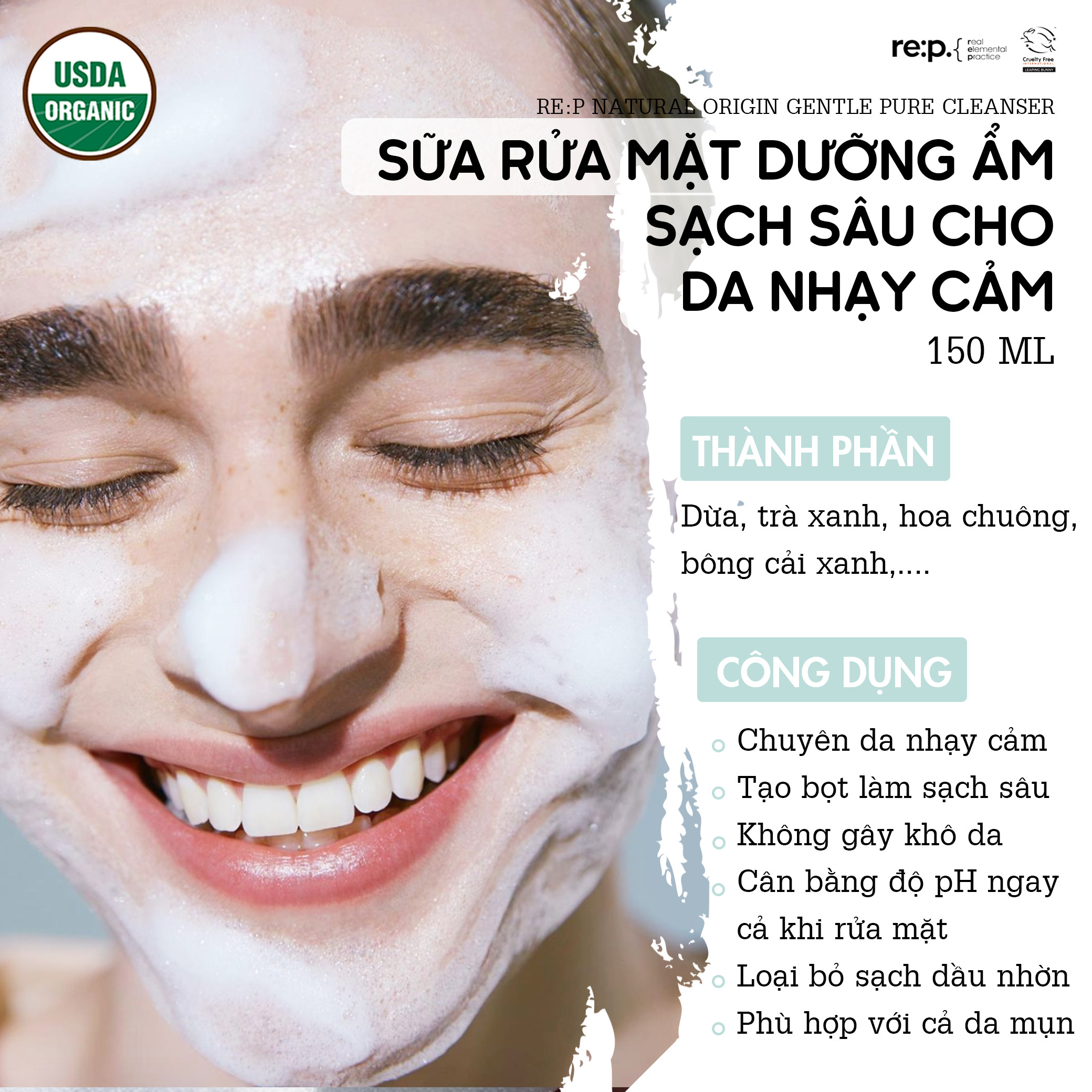 Sữa Rửa Mặt RE:P NATURAL ORIGIN GENTLE PURE CLEANSER 150ML Thảo Mộc Organic Tự Nhiên Cấp Ẩm Sạch Sâu