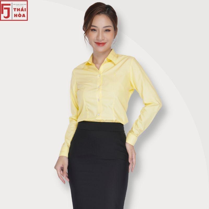 Áo sơ mi nữ Thái Hoà công sở đẹp kiểu dài tay bigsize cotton màu vàng 047-02-01