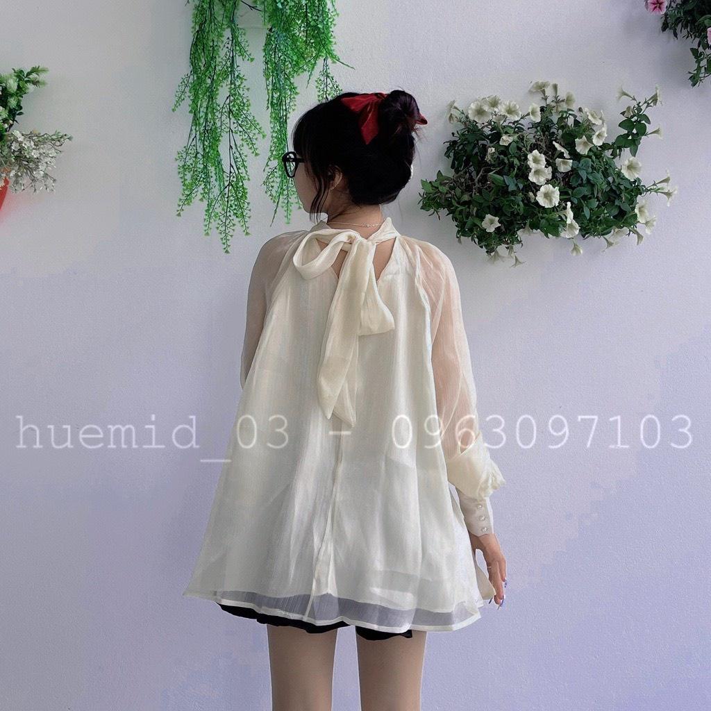 Áo sơ mi kiểu babydoll cổ V chocker đính ngọc thắt nơ lưng - DRA0027