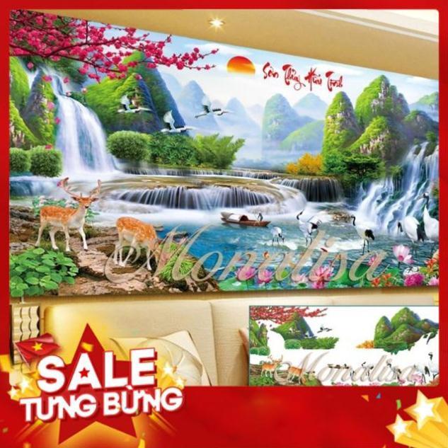 Tranh đính đá phong cảnh lưu thuỷ sinh tài 120x55cm