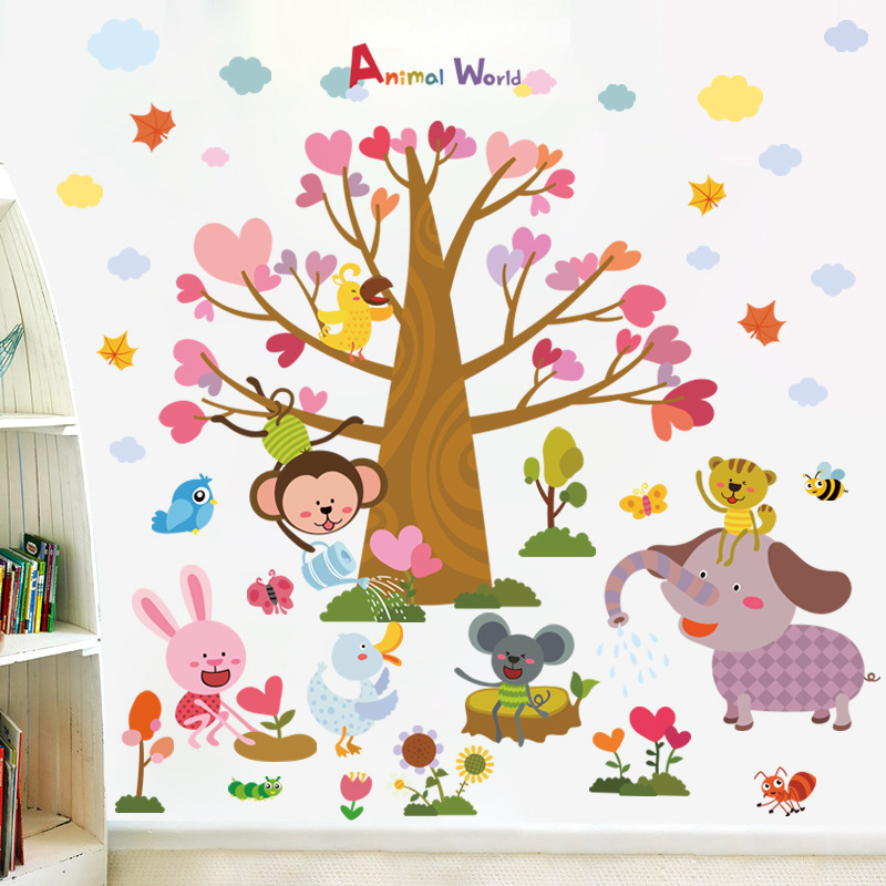 Decal dán tường vườn thú cây hạnh phúc trái tim đáng yêu trang trí phòng trẻ em