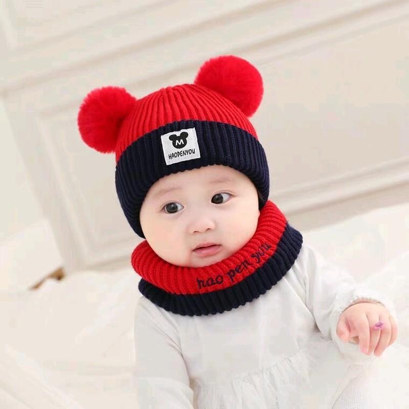 Mũ len hai quả bông đáng yêu cho bé có kèm khăn ống