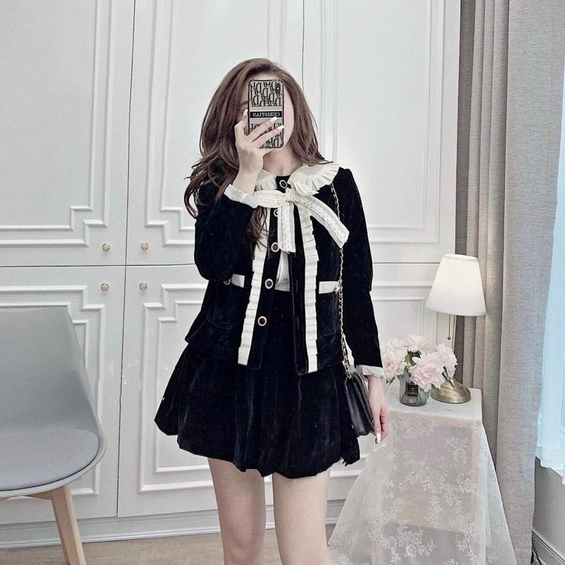 A557 Áo Khoác Nhung Cổ Sen Pha Bèo Vạt Áo Dịu Dàng , Hàng 2 Lớp Dày Dặn