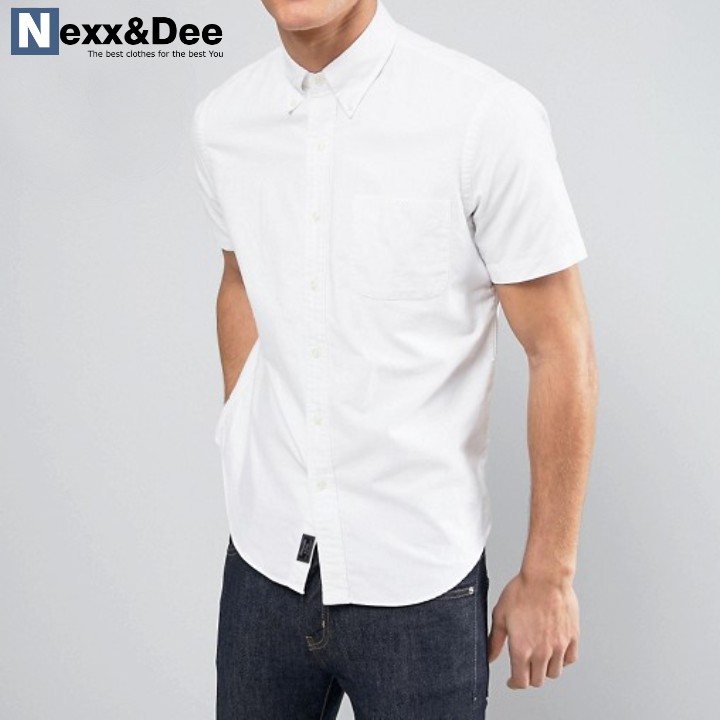 Áo sơ mi nam tay ngắn trắng công sở vải oxford denim có túi cao cấp SM04