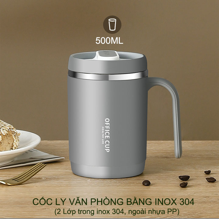 Cốc ly văn phòng dùng uống trà, cà phê, loại 2 lớp trong inox 304 ngoài nhựa PP, dung tích lớn 500ml kèm ống hút